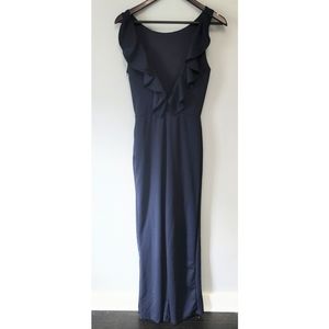 Lulu's navy blue ruffles vneck sleeveless jumpsuit long pants size medium